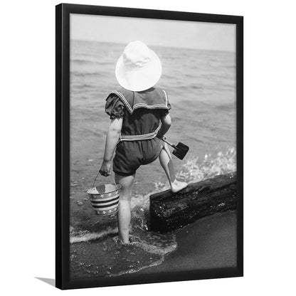 Young Girl at the Beach Black and White Art Coastal Wall Art, Framed Art Print Wall Decor