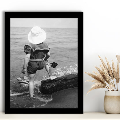 Young Girl at the Beach Black and White Art Coastal Wall Art, Framed Art Print Wall Decor