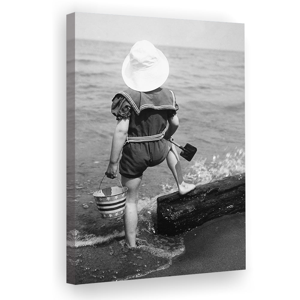 Young Girl at the Beach Black and White Art Coastal Wall Art, Canvas Print Wall Art