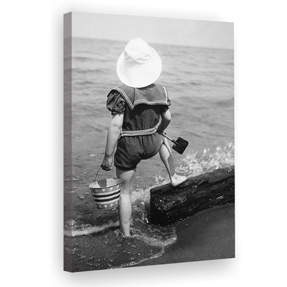 Young Girl at the Beach Black and White Art Coastal Wall Art, Canvas Print Wall Art