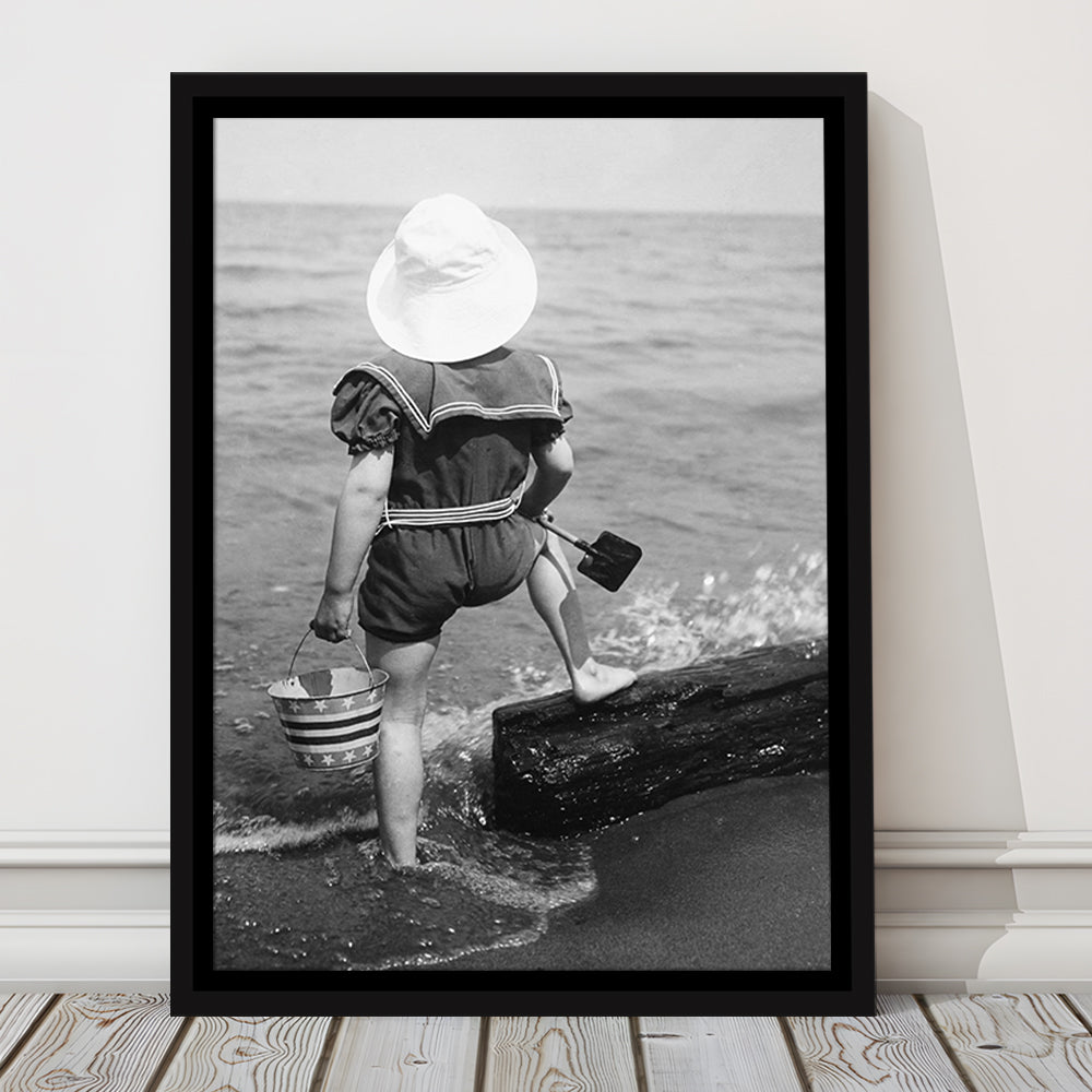 Young Girl at the Beach Black and White Art Coastal Wall Art, Floating Framed Canvas Print