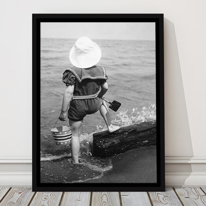 Young Girl at the Beach Black and White Art Coastal Wall Art, Floating Framed Canvas Print