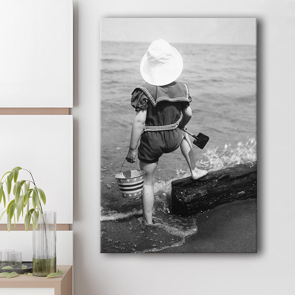 Young Girl at the Beach Black and White Art Coastal Wall Art, Canvas Print Wall Art