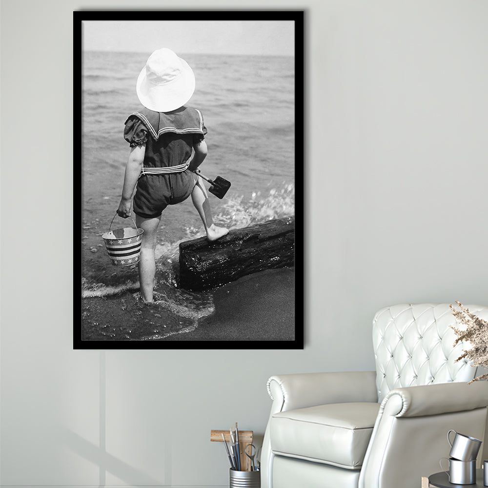 Young Girl at the Beach Black and White Art Coastal Wall Art, Framed Art Print Wall Decor