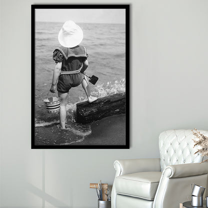 Young Girl at the Beach Black and White Art Coastal Wall Art, Framed Art Print Wall Decor