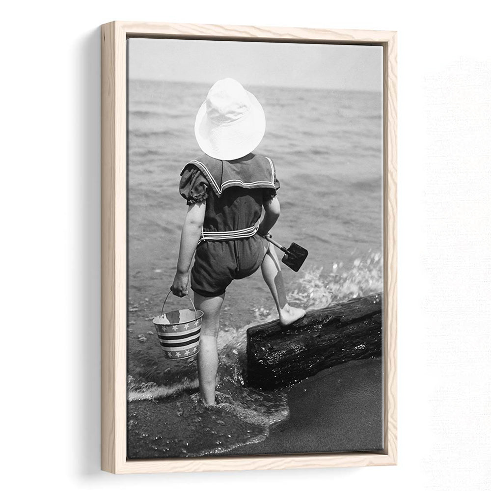 Young Girl at the Beach Black and White Art Coastal Wall Art, Floating Framed Canvas Print