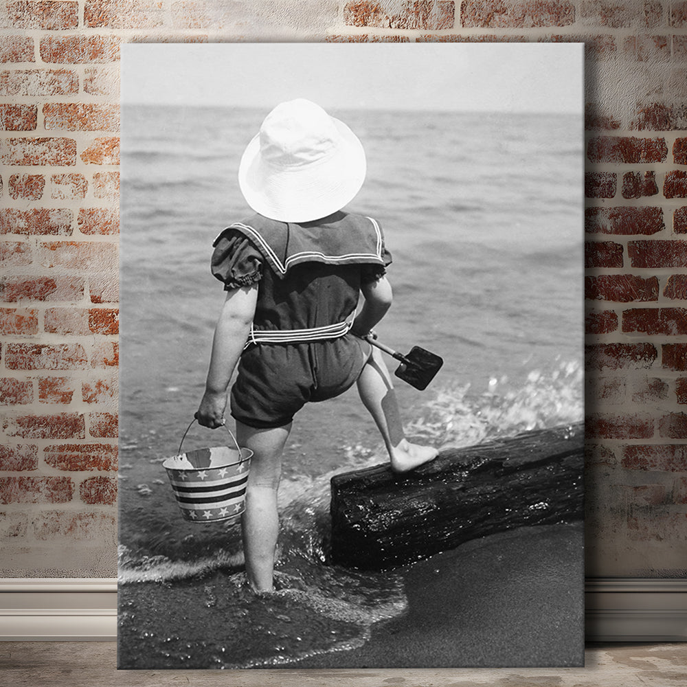Young Girl at the Beach Black and White Art Coastal Wall Art, Canvas Print Wall Art