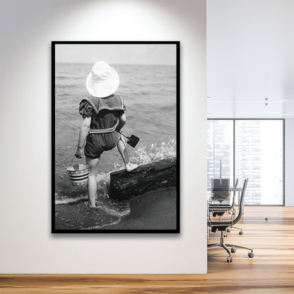 Young Girl at the Beach Black and White Art Coastal Wall Art, Framed Art Print Wall Decor