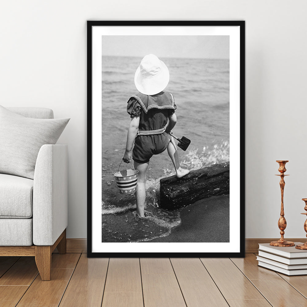 Young Girl at the Beach Black and White Art Coastal Wall Art, Framed Art Print White Border Wall Decor