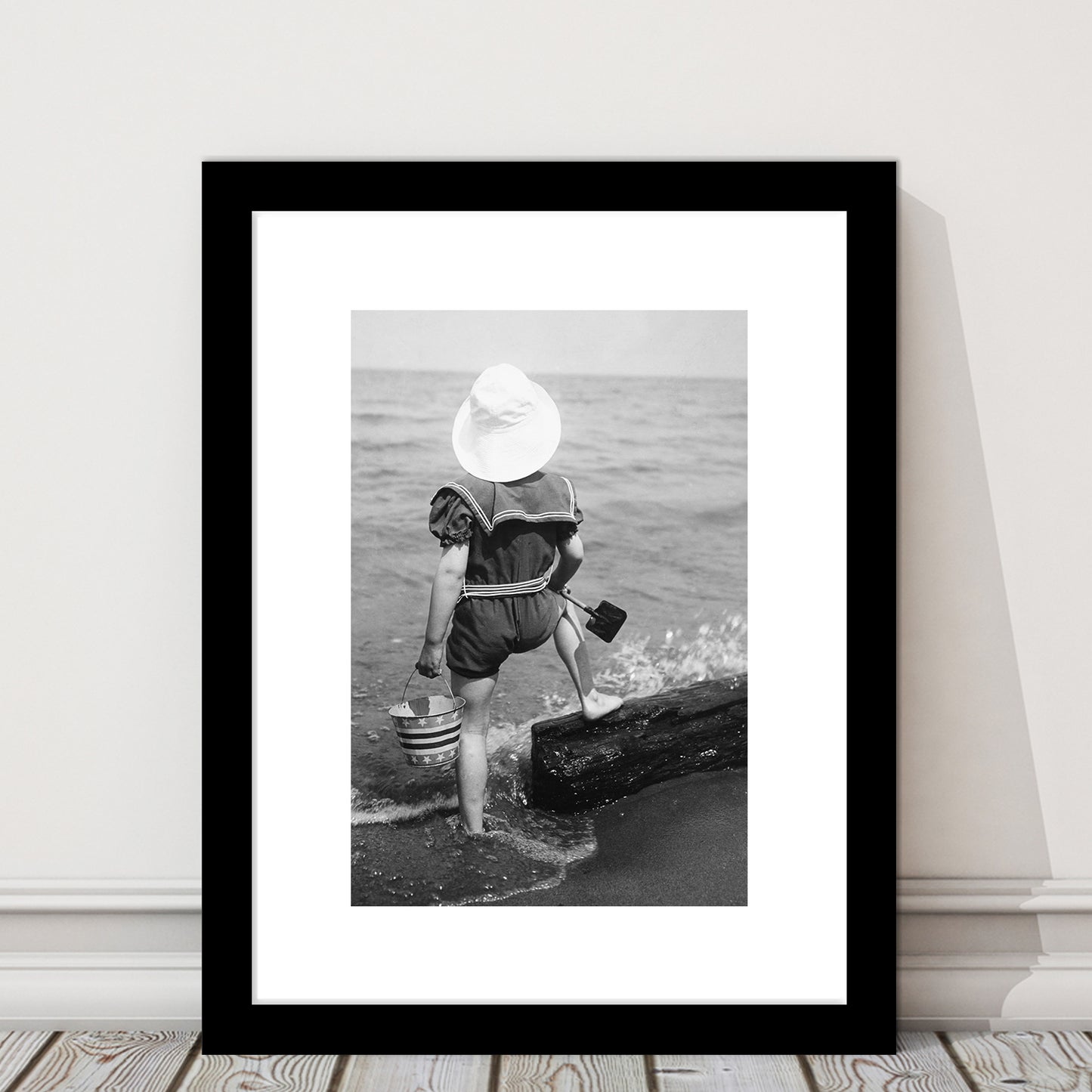 Young Girl at the Beach Black and White Art Coastal Wall Art, Framed Art Print White Border Wall Decor