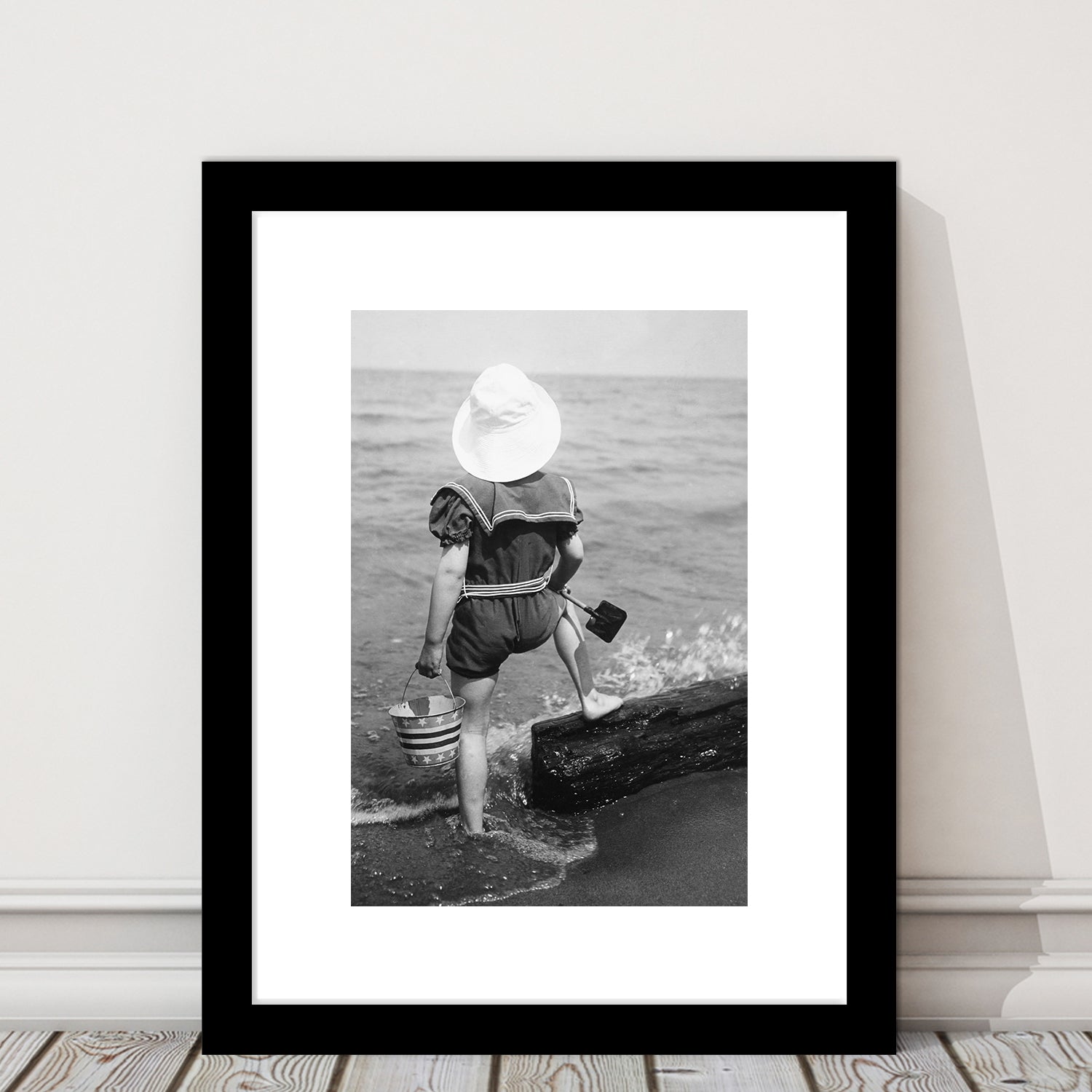 Young Girl at the Beach Black and White Art Coastal Wall Art, Framed Art Print White Border Wall Decor