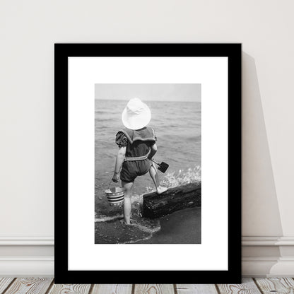 Young Girl at the Beach Black and White Art Coastal Wall Art, Framed Art Print White Border Wall Decor