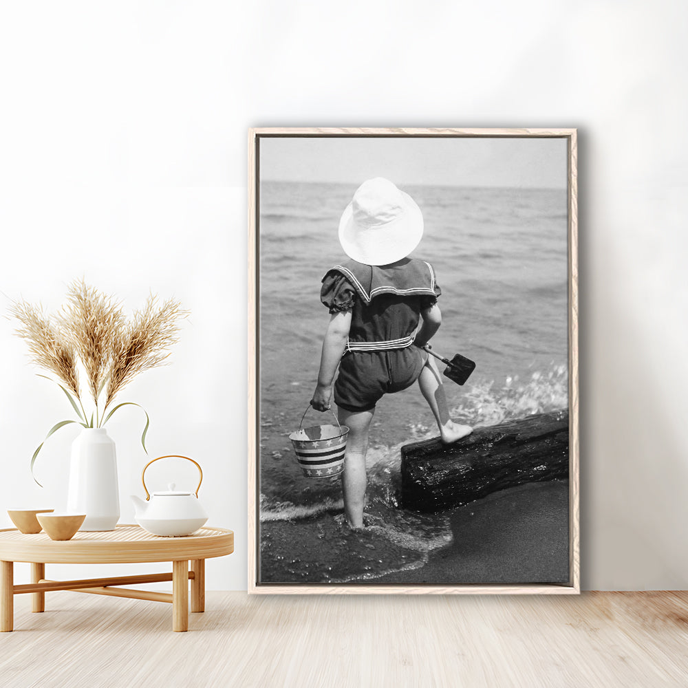Young Girl at the Beach Black and White Art Coastal Wall Art, Floating Framed Canvas Print