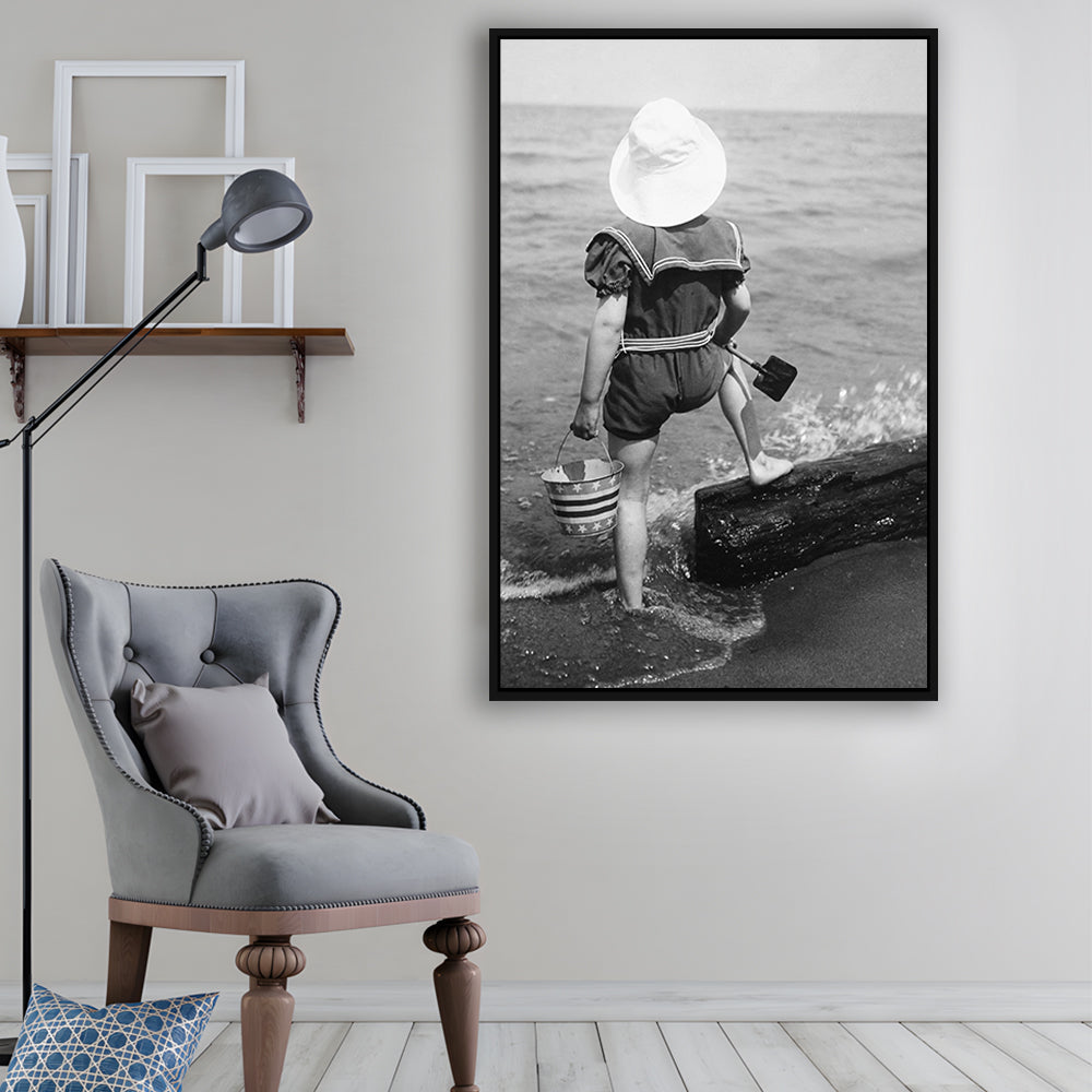 Young Girl at the Beach Black and White Art Coastal Wall Art, Floating Framed Canvas Print