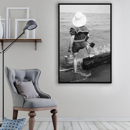 Young Girl at the Beach Black and White Art Coastal Wall Art, Floating Framed Canvas Print