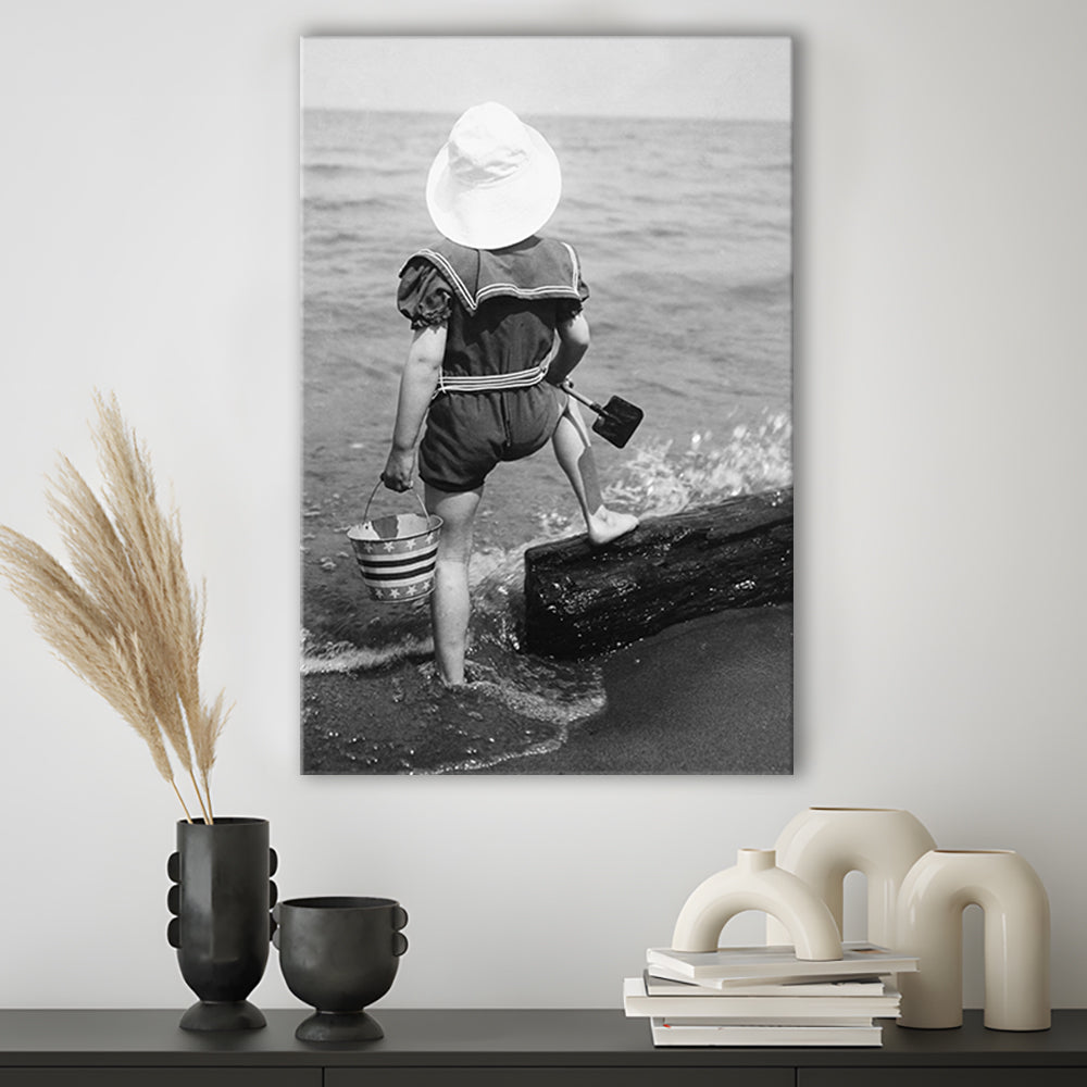 Young Girl at the Beach Black and White Art Coastal Wall Art, Canvas Print Wall Art