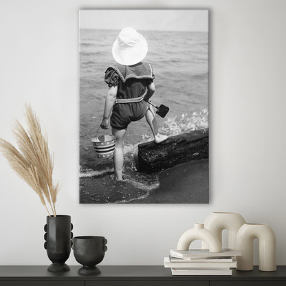 Young Girl at the Beach Black and White Art Coastal Wall Art, Canvas Print Wall Art