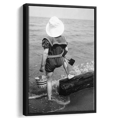Young Girl at the Beach Black and White Art Coastal Wall Art, Floating Framed Canvas Print