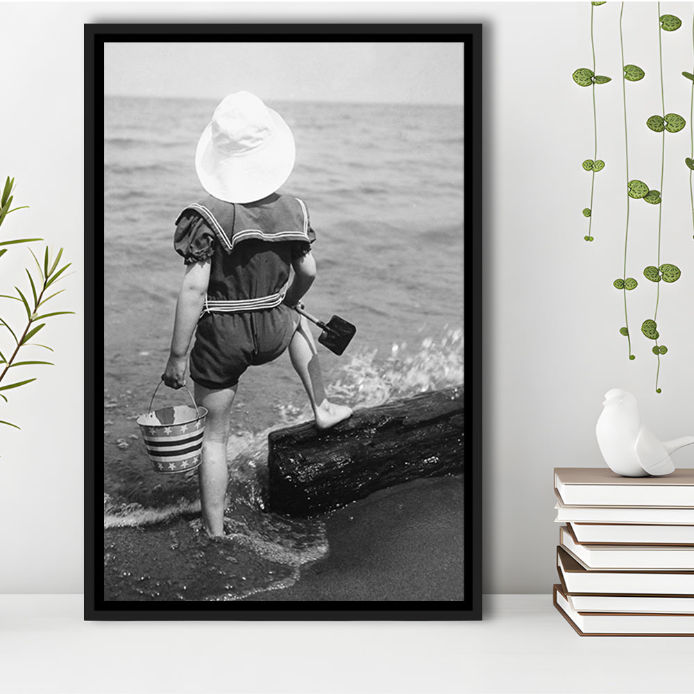 Young Girl at the Beach Black and White Art Coastal Wall Art, Floating Framed Canvas Print