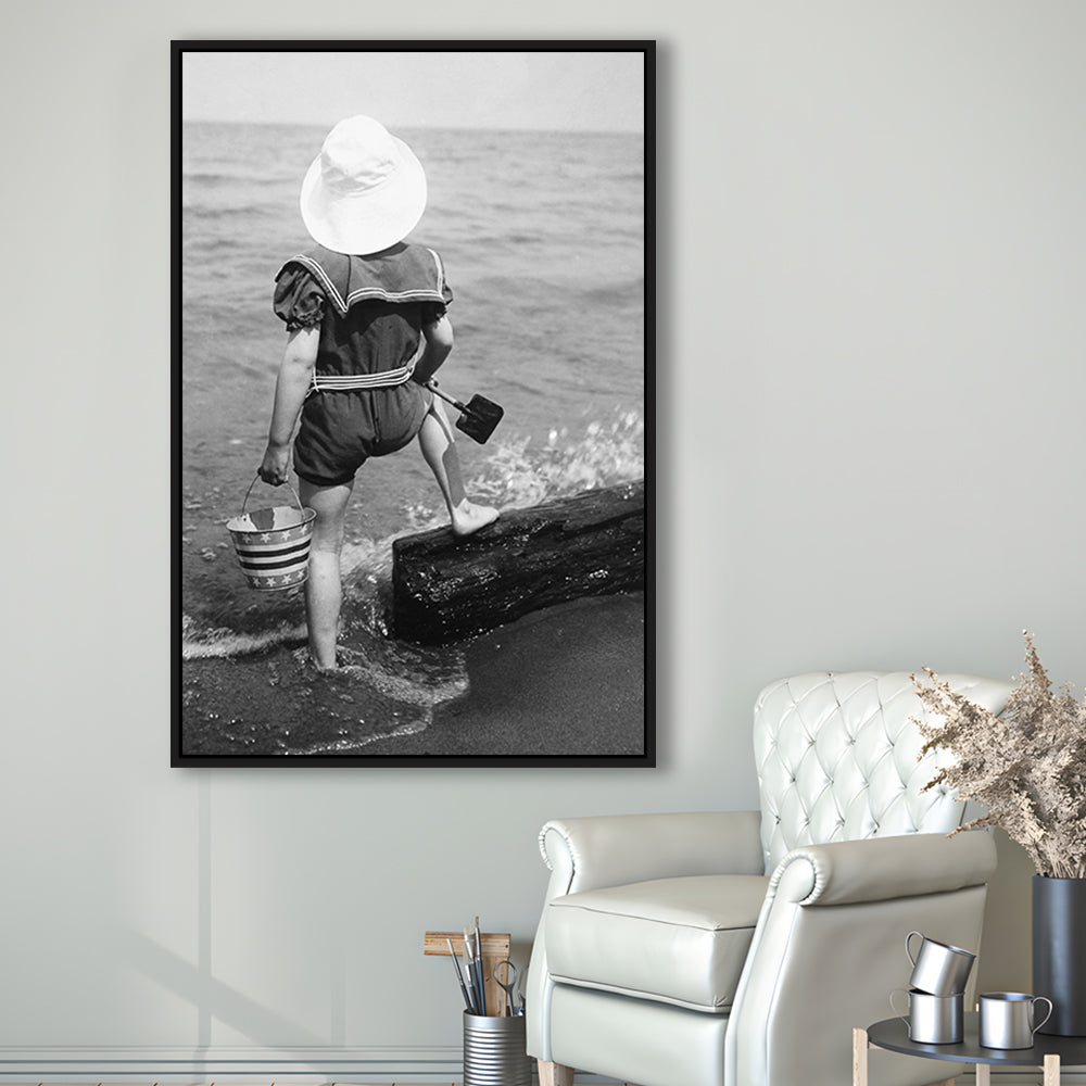Young Girl at the Beach Black and White Art Coastal Wall Art, Floating Framed Canvas Print