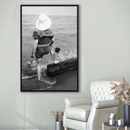 Young Girl at the Beach Black and White Art Coastal Wall Art, Floating Framed Canvas Print