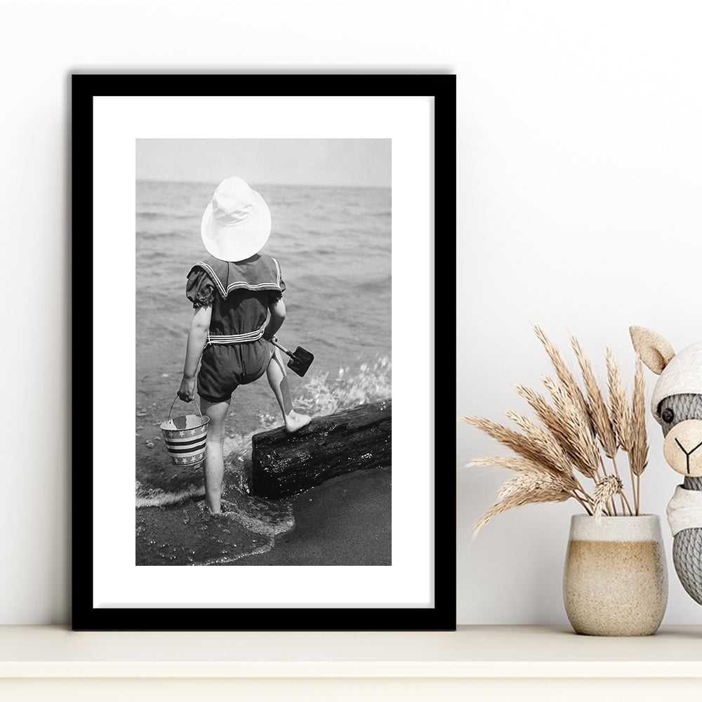 Young Girl at the Beach Black and White Art Coastal Wall Art, Framed Art Print White Border Wall Decor