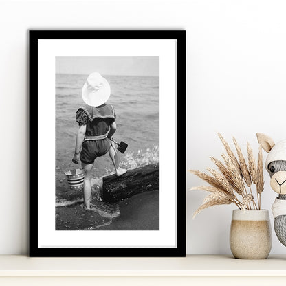 Young Girl at the Beach Black and White Art Coastal Wall Art, Framed Art Print White Border Wall Decor