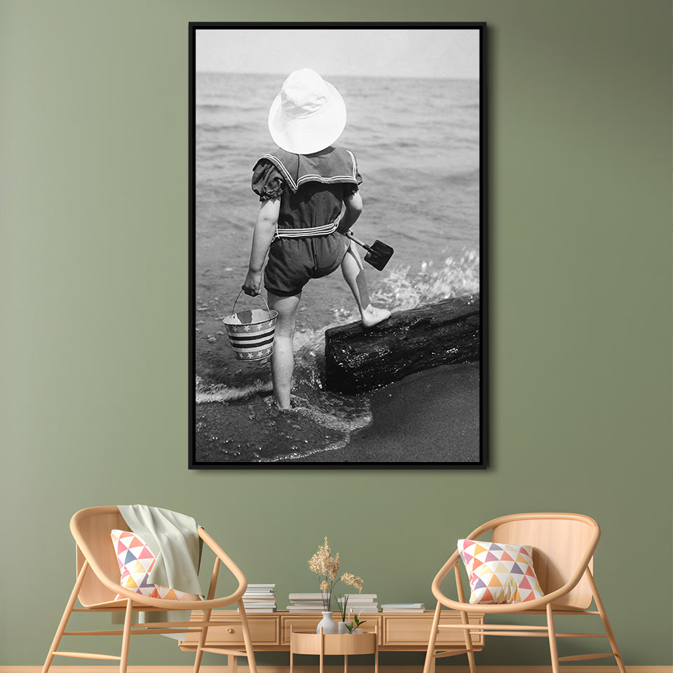Young Girl at the Beach Black and White Art Coastal Wall Art, Floating Framed Canvas Print