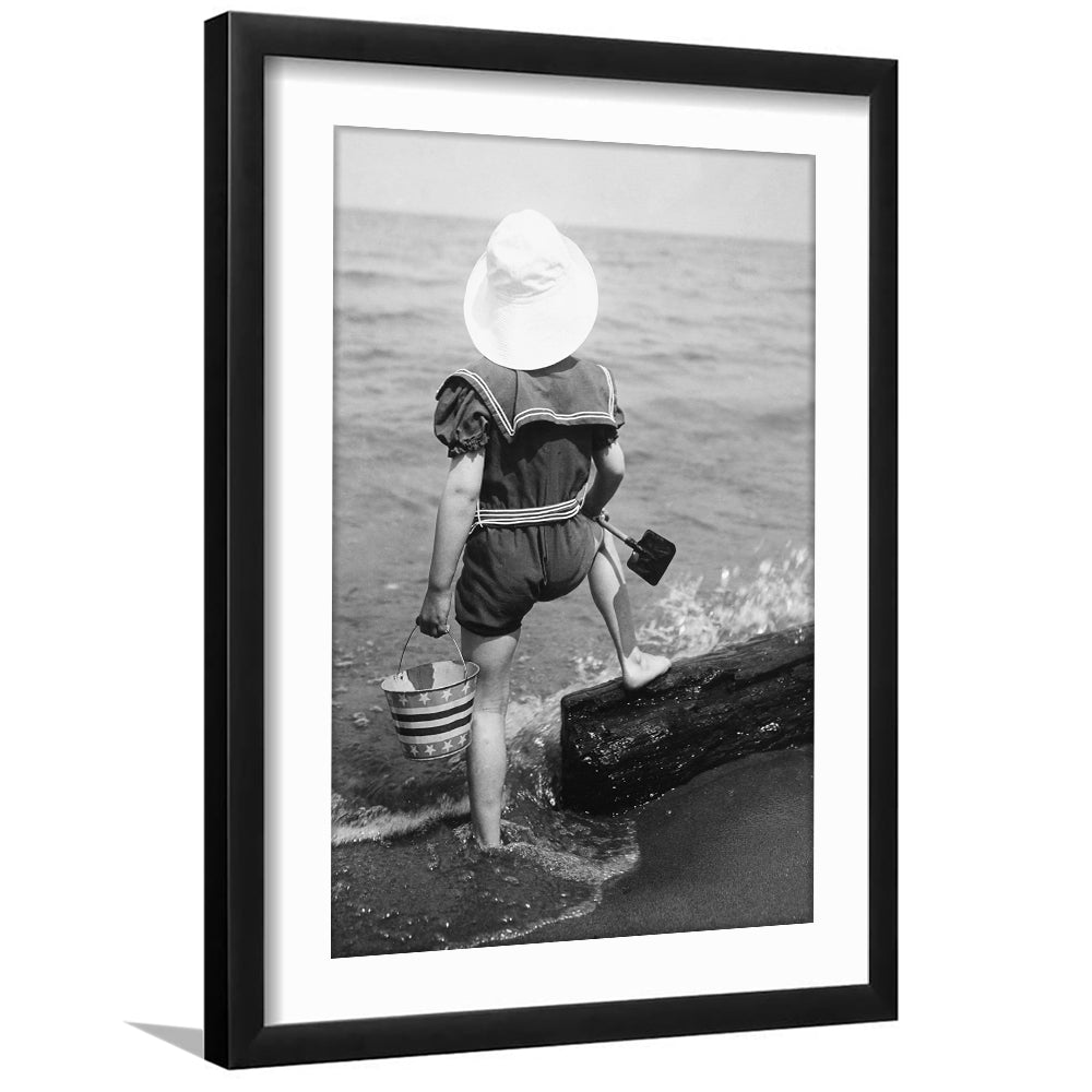 Young Girl at the Beach Black and White Art Coastal Wall Art, Framed Art Print White Border Wall Decor