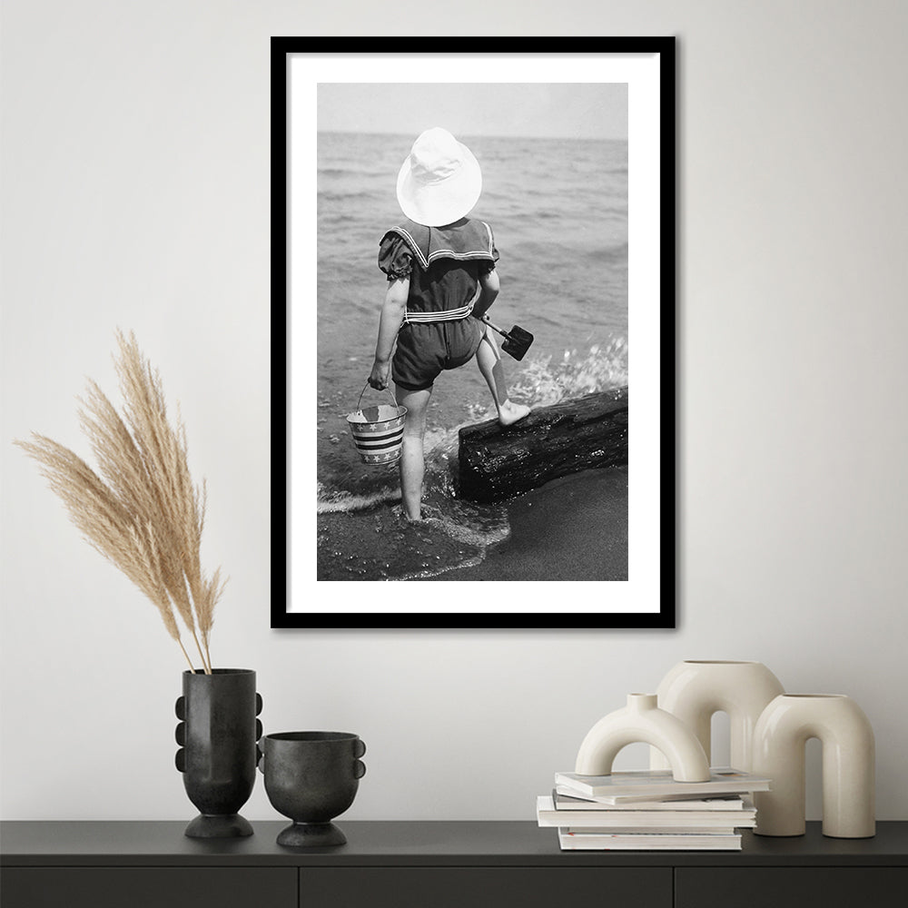 Young Girl at the Beach Black and White Art Coastal Wall Art, Framed Art Print White Border Wall Decor