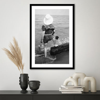Young Girl at the Beach Black and White Art Coastal Wall Art, Framed Art Print White Border Wall Decor