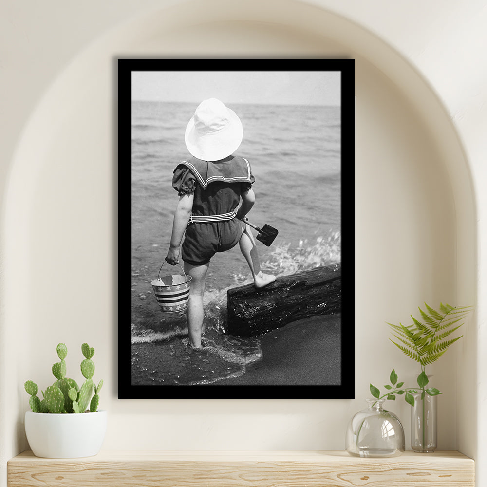 Young Girl at the Beach Black and White Art Coastal Wall Art, Framed Art Print Wall Decor
