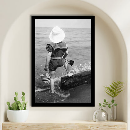 Young Girl at the Beach Black and White Art Coastal Wall Art, Framed Art Print Wall Decor