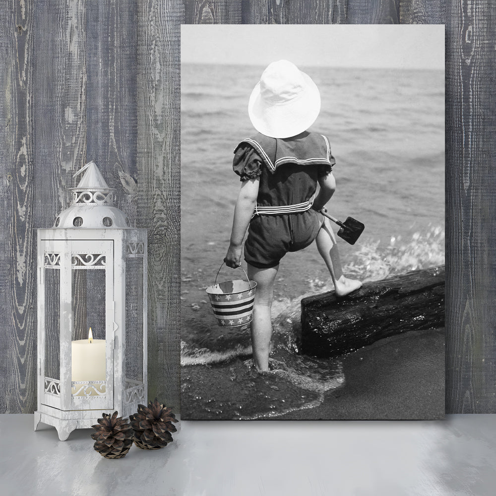 Young Girl at the Beach Black and White Art Coastal Wall Art, Canvas Print Wall Art