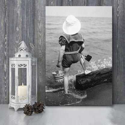 Young Girl at the Beach Black and White Art Coastal Wall Art, Canvas Print Wall Art