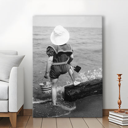 Young Girl at the Beach Black and White Art Coastal Wall Art, Canvas Print Wall Art