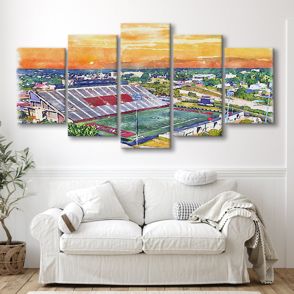 Youngstown State Penguins, Stambaugh Painting Stadium Watercolor, Sport Art, Mixed 5 Panel, Canvas Print Wall Art