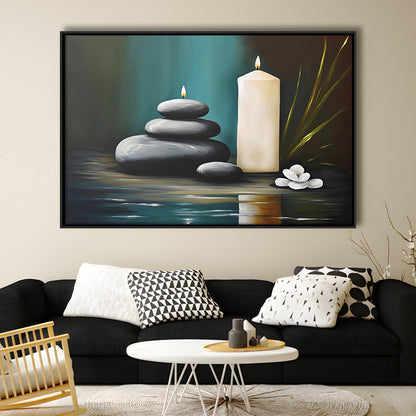 Zen Candles And Stacked Rocks Painting, Yoga Room Decor, Framed Canvas Print Wall Art, Floating Frame