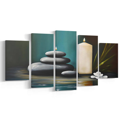 Zen Candles And Stacked Rocks Painting, Yoga Room Decor, 5 Panel Mixed Canvas Print Wall Art, Large Canvas