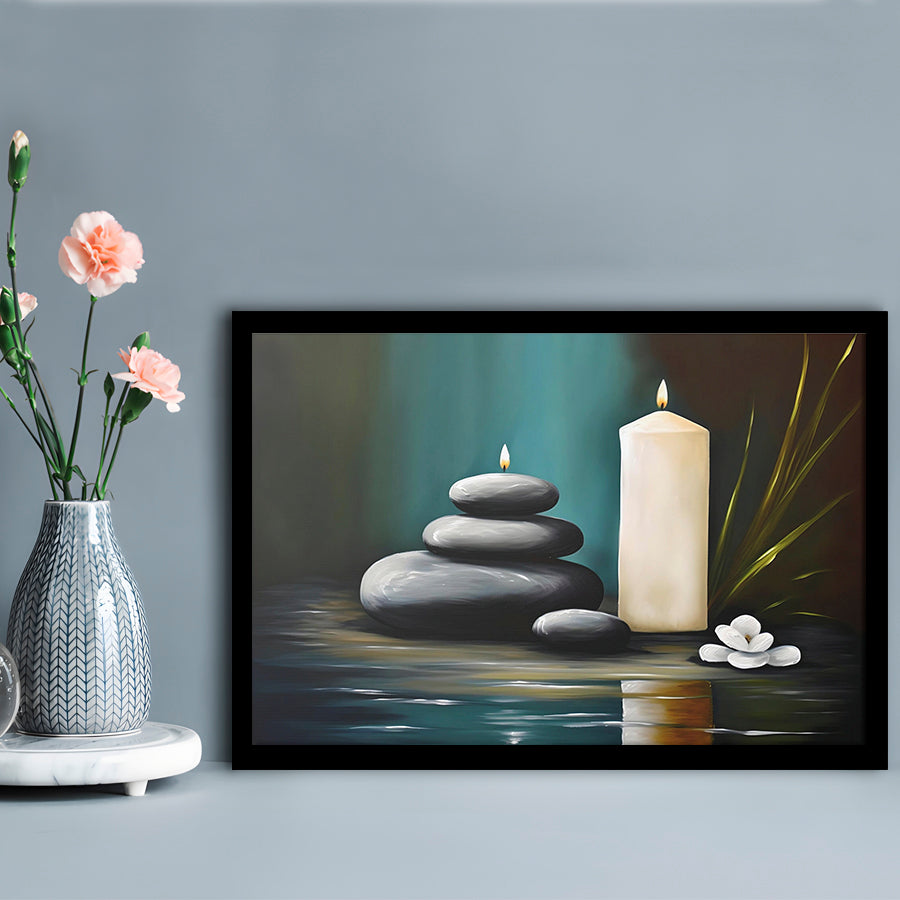 Zen Candles And Stacked Rocks Painting, Yoga Room Decor, Framed Art Print Wall Decor, Picture Framed