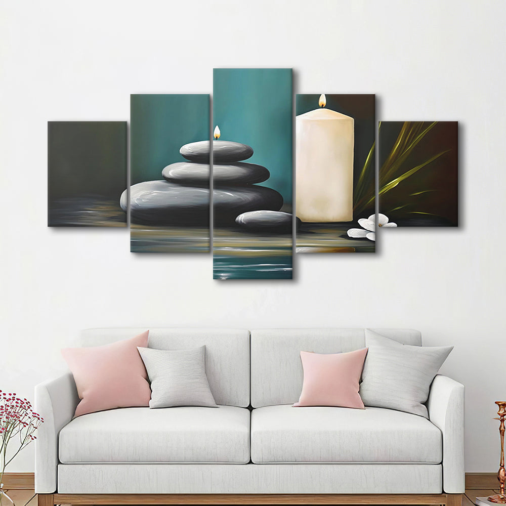 Zen Candles And Stacked Rocks Painting, Yoga Room Decor, 5 Panel Mixed Canvas Print Wall Art, Large Canvas