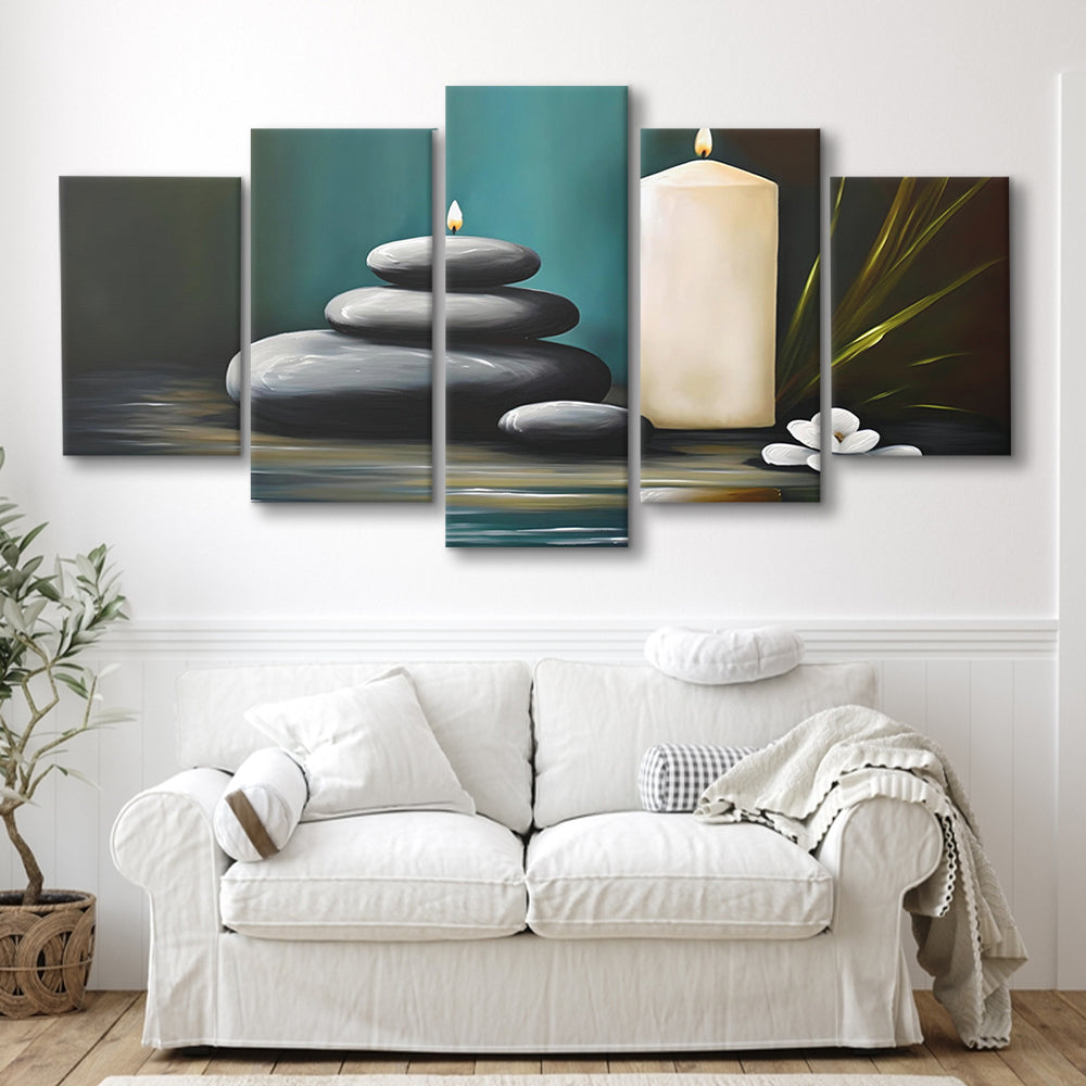 Zen Candles And Stacked Rocks Painting, Yoga Room Decor, 5 Panel Mixed Canvas Print Wall Art, Large Canvas