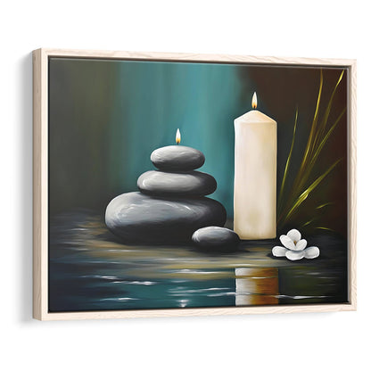 Zen Candles And Stacked Rocks Painting, Yoga Room Decor, Framed Canvas Print Wall Art, Floating Frame