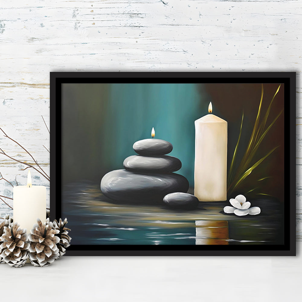 Zen Candles And Stacked Rocks Painting, Yoga Room Decor, Framed Canvas Print Wall Art, Floating Frame