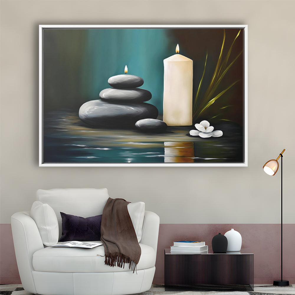 Zen Candles And Stacked Rocks Painting, Yoga Room Decor, Framed Canvas Print Wall Art, Floating Frame