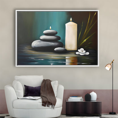 Zen Candles And Stacked Rocks Painting, Yoga Room Decor, Framed Canvas Print Wall Art, Floating Frame
