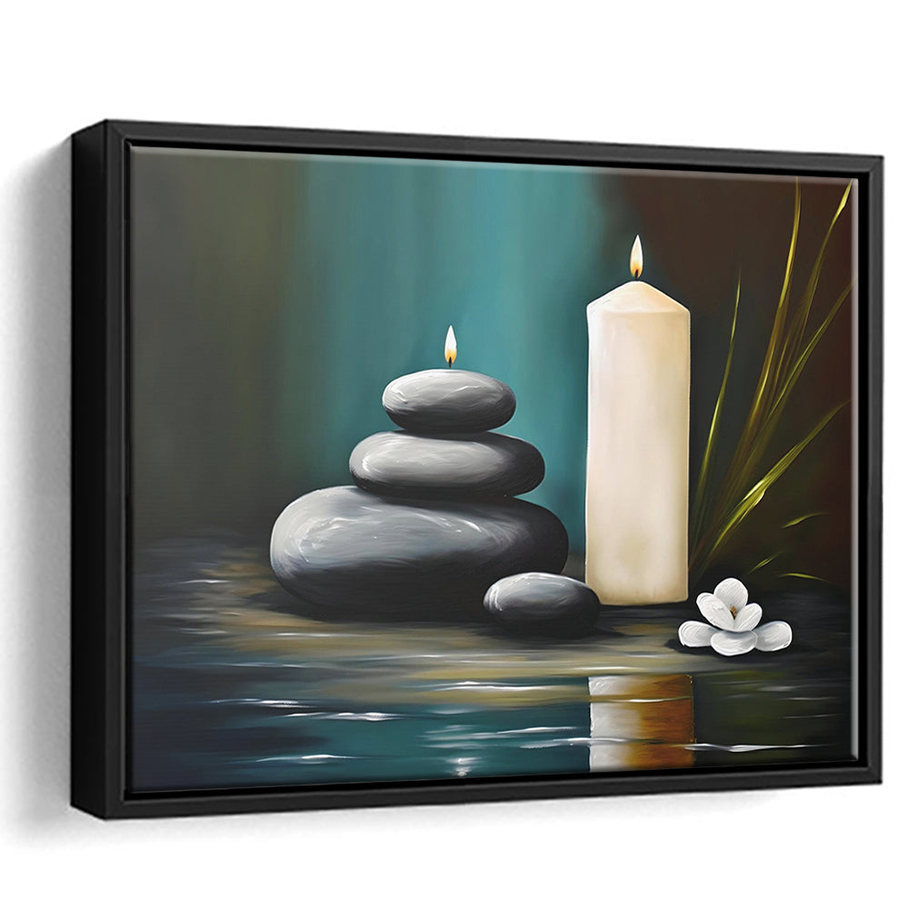 Zen Candles And Stacked Rocks Painting, Yoga Room Decor, Framed Canvas Print Wall Art, Floating Frame