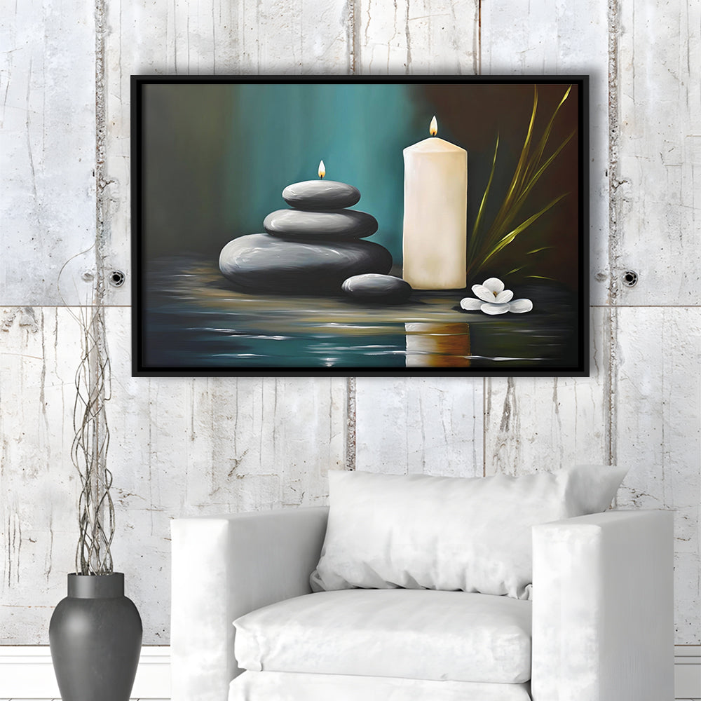 Zen Candles And Stacked Rocks Painting, Yoga Room Decor, Framed Canvas Print Wall Art, Floating Frame