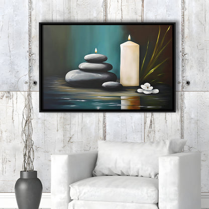 Zen Candles And Stacked Rocks Painting, Yoga Room Decor, Framed Canvas Print Wall Art, Floating Frame