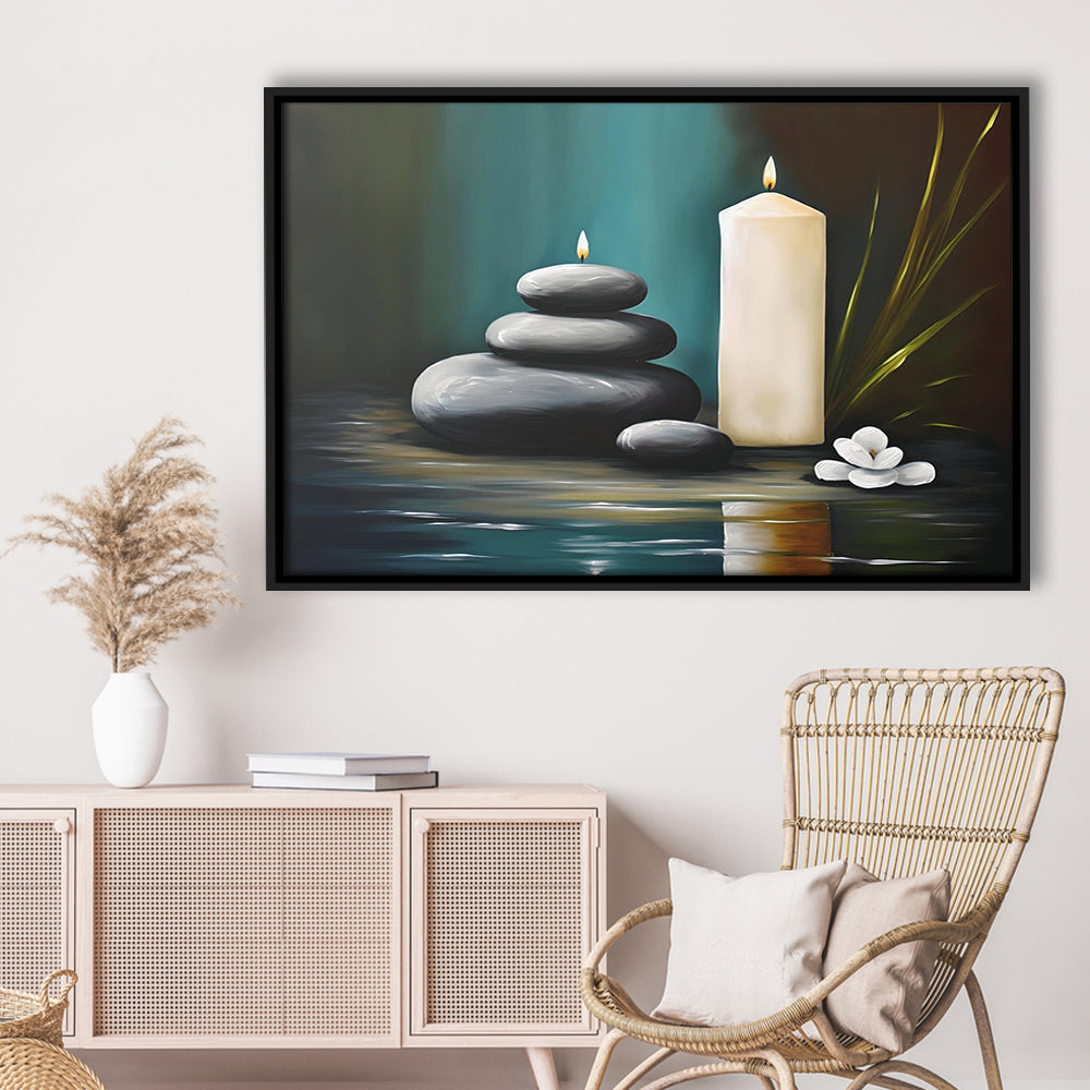 Zen Candles And Stacked Rocks Painting, Yoga Room Decor, Framed Canvas Print Wall Art, Floating Frame